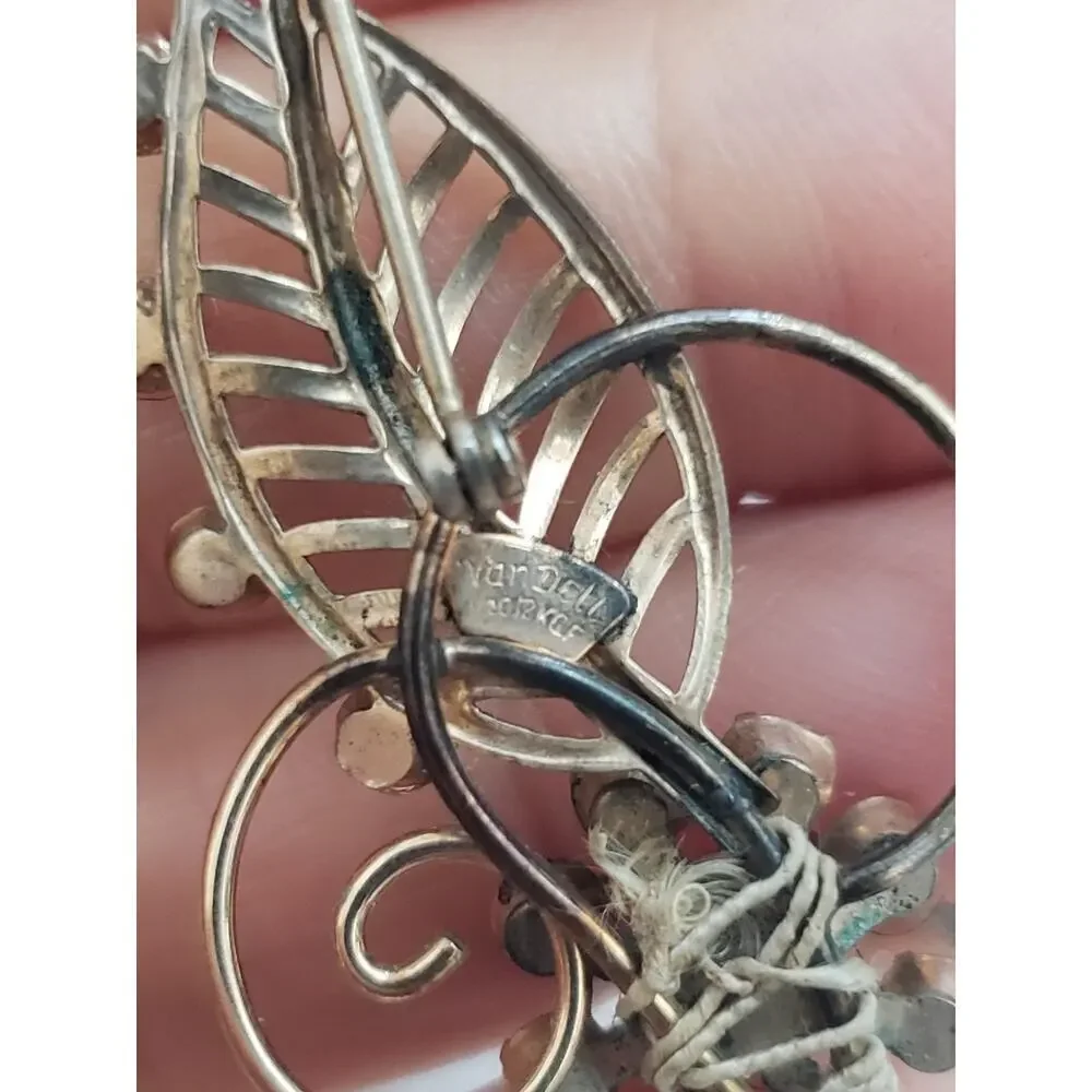 Vintage Van Dell 1/20 12K GF Gold Filled Rhinestone Pearl Leaf Floral Brooch Pin